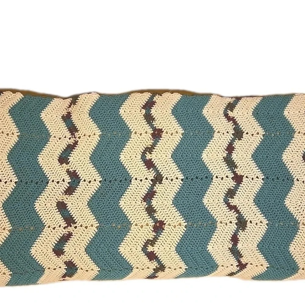 VTG 70s Crochet Afghan Blanket Turquoise White Burgundy Chevron Boho MCM 67x57